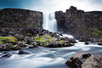 Öxarárfoss waterfall in Þingvellir national park in Icelnad