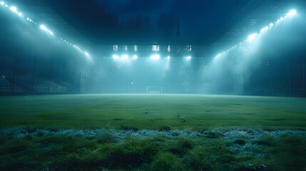 A soccer field at night with bright lights shining down.