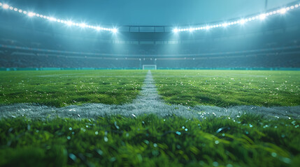 A soccer field at night with bright lights shining down. - obrazy, fototapety, plakaty