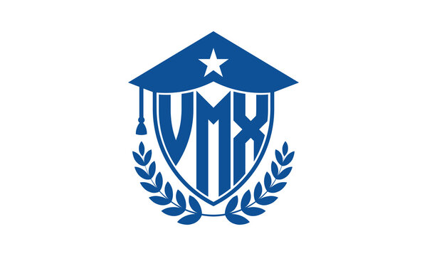 VMX three letter iconic academic logo design vector template. monogram, abstract, school, college, university, graduation cap symbol logo, shield, model, institute, educational, coaching canter, tech