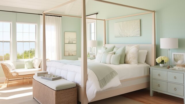 Coastal-chic Bedroom with Soft Seafoam Green Walls and Seaside Serenity Design a coastal-chic bedroom with soft seafoam green walls