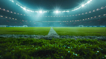 A soccer field at night with bright lights shining down. - obrazy, fototapety, plakaty
