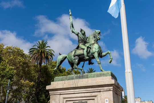 Beautiful view to horse rider historic monument in Plaza de Mayo