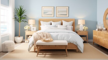 Coastal-inspired Bedroom with Soft Sky Blue Walls and Beachy Accents Design a serene and tranquil bedroom with soft sky blue walls inspired by coastal design principles