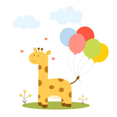 Сute giraffe, character with balloons. Birthday card. Vector illustration on white background, flat style.