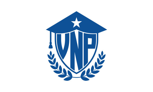 VNP three letter iconic academic logo design vector template. monogram, abstract, school, college, university, graduation cap symbol logo, shield, model, institute, educational, coaching canter, tech