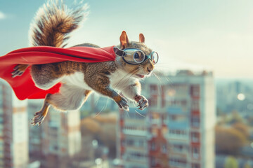 brave squirrel in a superhero cape and glasses jumping between city buildings. spirit of adventure. City buildings background. for advertising children's products, comics, inspiring adventure. - obrazy, fototapety, plakaty