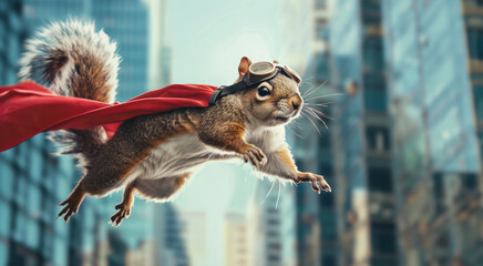 brave squirrel in a superhero cape and glasses jumping between city buildings. spirit of adventure. City buildings background. for advertising children's products, comics, inspiring adventure.