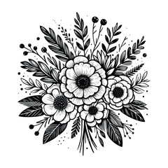 black and white flowers hand drawn vector illustration isolated white background