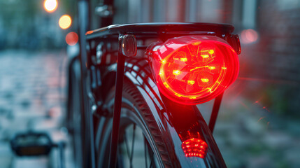 Red illuminated bicycle tail light.