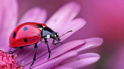Red insect consuming purple flower.