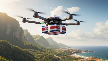 Fototapeta na wymiar Technological shipment innovation in Costa Rica - drone fast delivery concept, multicopter flying with cardboard box with flag Costa Rica above city