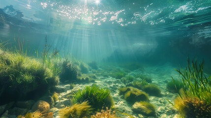 Fototapeta na wymiar the underwater world of the lake with rays of light