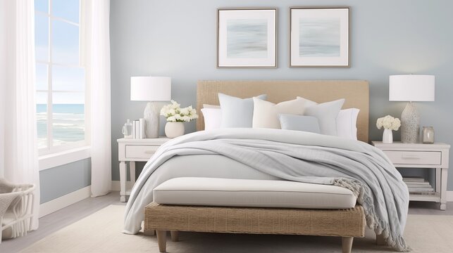 Contemporary Coastal-inspired Bedroom with Soft Gray-blue Walls and Coastal Accents Create a serene and stylish bedroom with soft gray-blue walls inspired by coastal design principles