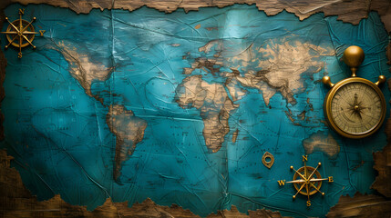 An old map of the world with a compass. The map is blue and gold.
