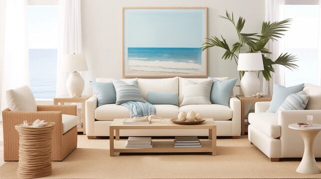 Contemporary Coastal-inspired Living Room with Soft Sand Beige Walls and Coastal Accents Design a contemporary coastal living room with soft sand beige walls that evoke the warmth of sandy beaches
