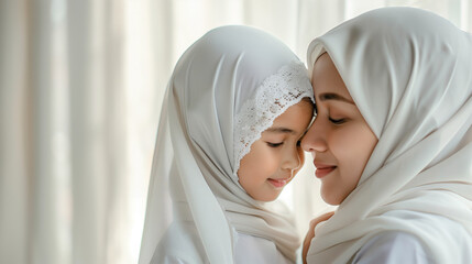 beautiful portrait of a mother with her daughter, with hijab, bonding time together, mothers day, moms day, ramadan, raya, eid, takaful, hibah - obrazy, fototapety, plakaty