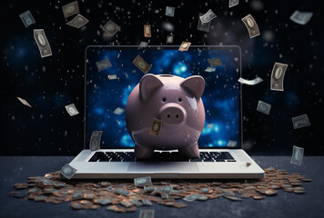 piggy bank with laptop on the desk, concept of earning money online