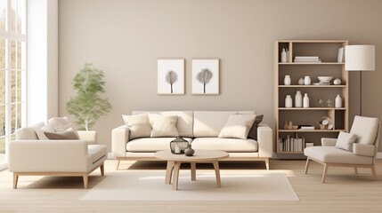 Contemporary Scandinavian-inspired Living Room with Soft Beige Walls and Nordic Serenity Design a contemporary Scandinavian-inspired living room with soft beige walls