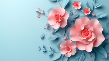 3d paper of a pink flower in a blue background for banner, card, poster, eid, raya, ramadan, mothers day, moms day, wedding day