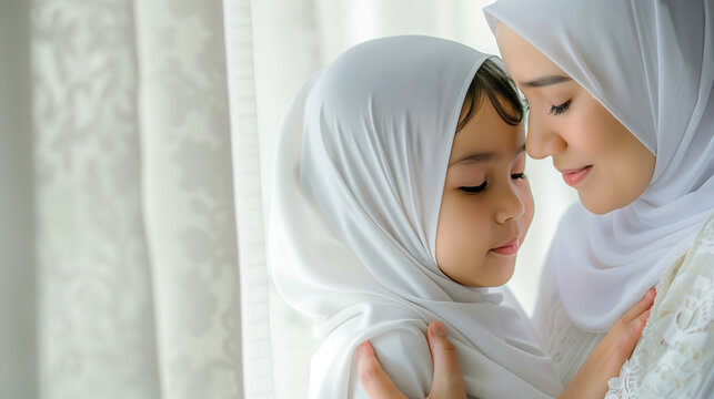 beautiful portrait of a mother with her daughter, with hijab, bonding time together, mothers day, moms day, ramadan, raya, eid, takaful, hibah