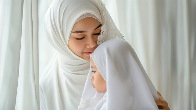 beautiful portrait of a mother with her daughter, with hijab, bonding time together, mothers day, moms day, ramadan, raya, eid, takaful, hibah