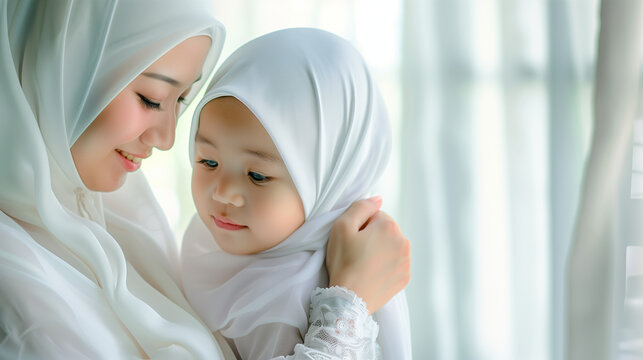 beautiful portrait of a mother with her daughter, with hijab, bonding time together, mothers day, moms day, ramadan, raya, eid, takaful, hibah