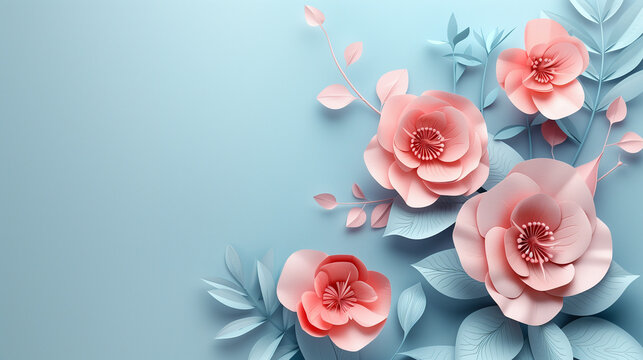 3d paper of a pink flower in a blue background for banner, card, poster, eid, raya, ramadan, mothers day, moms day, wedding day