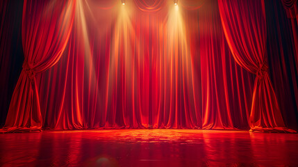 A red stage curtain with a spotlight shining on it.