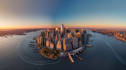 Artistic fish eye aerial photo of New York City during sunset