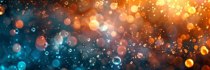 a colorful explosion around fire balls, in gold, orange and azure, bokeh, water drops, abstract texture., bokeh. Contemporary perception of the universe - obrazy, fototapety, plakaty