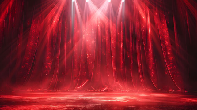 A red stage curtain with a spotlight shining on it.