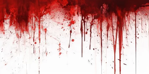 Fotobehang red paint splatter on white wall background, Red blood splatter on a grunge wall, horror wall, halloween wall, red vintage, retro,red splash dripped blood textured wall,banner poster design walll © Planetz