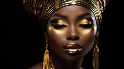 African dark skin fashion woman, shiny golden cosmetic makeup portrait, black goddess isolated against a black background. Generative ai