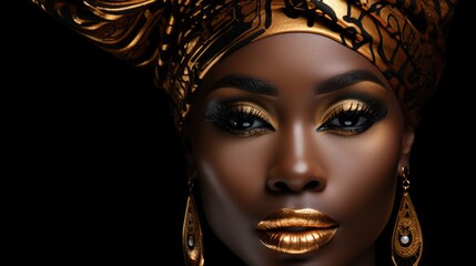 The beauty of an African woman on a black background, golden shiny makeup. Generative ai