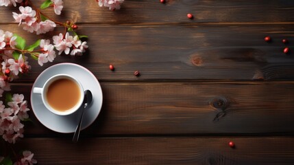Obraz na płótnie Canvas coffee, flowers, on wooden table, flat lay breakfast, 