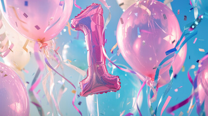 Balloons and decor. The child's birthday is 1 year old.