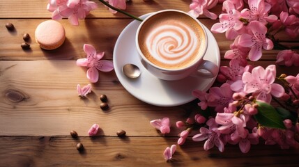 Fototapeta na wymiar Drink backgrounds for graphics,spring breakfast, coffee, flowers, on wooden table, 