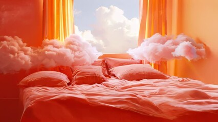 Fantasy bedroom design with floating clouds, dreamy escape conceptual composition