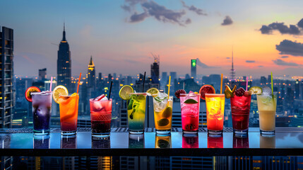 Multi-colored cocktails in a row on the bar counter in a rooftop bar, against the backdrop of a metropolis and skyscrapers.