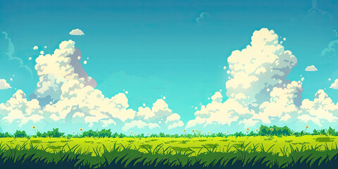 Obraz premium Grass field background, video game retro graphics background, level design trees green grass, vintage style scrolling platform levels, generated ai