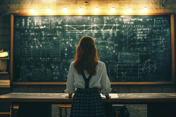 Woman analyzing complex equations on blackboard in dim classroom. Education and intelligence.