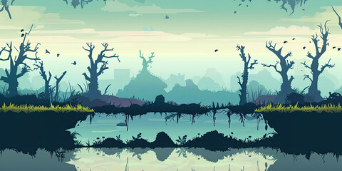 Swamp gaming background, swamps level design vintage retro computer graphics backdrop, generated ai