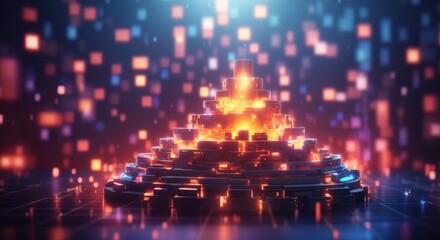 Obraz premium Digital fortress surrounded fire hologram background