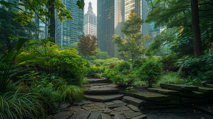 Winding gracefully through a vibrant urban garden, a peaceful stone path is surrounded by lush tropical plants, while sunlight softly filters through the foliage.
