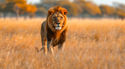 A lion stands in a golden field of grass, with trees in the background.