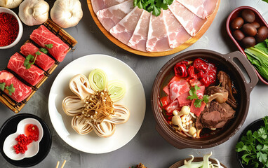 A table full of hot pot ingredients,created with Generative AI tecnology.
