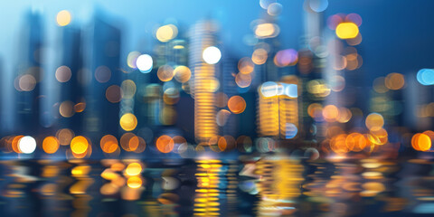 Blurred banner background of a modern city buildings cityscape at night with bokeh and lot of light and colors