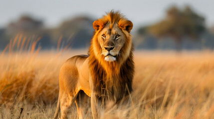 A lion stands in a golden field of grass, with trees in the background. - obrazy, fototapety, plakaty