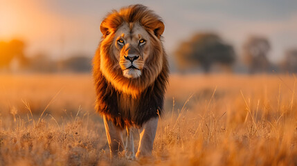 A lion stands in a golden field of grass, with trees in the background.
